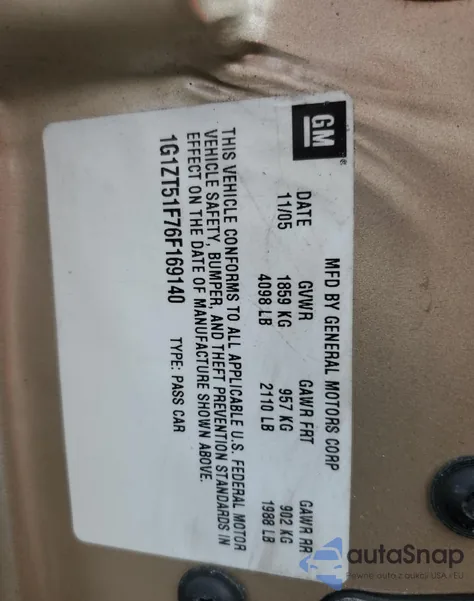 2006 Chevrolet Malibu Lt z USA, uszkodzony, nr VIN 1G1ZT51F76F169140